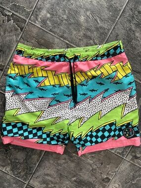 MAUI & SONS Vintage Retro Y2K Vibrant Neon Geo Print Summer Coastal Swim Trunks